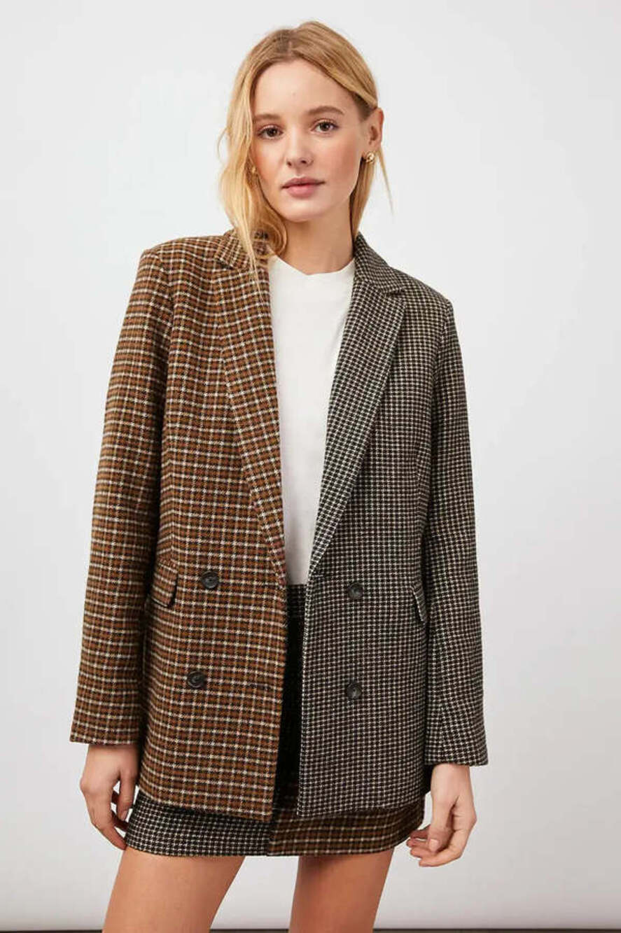EUC Rails Cody Plaid Blazer Brown Mixed Wool Blend Double Breasted XS